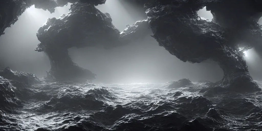 Prompt: there is a sea of underworld, there are fish, it is thousands of miles wide, and no one knows how to cultivate it, light through the mist, dramatic lighting, photorealistic, cinematic lighting, high detail, cinematic feel, high octane, 4K, Unreal Engine, digital render, intricate, ultra realistic, concept art