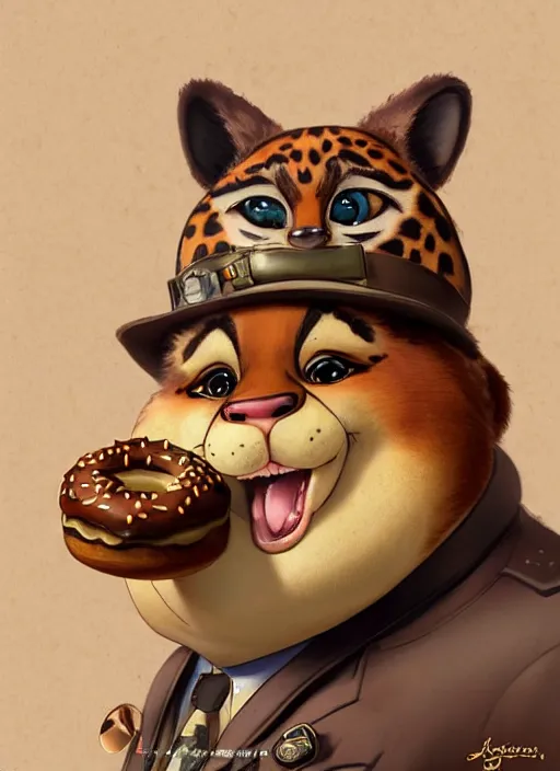 Prompt: a cute fat friendly leopard in steampunk police suit, eating a donut, clawhauser from zootopia, character, closeup headshot, sketch portrait by jean - baptiste monge