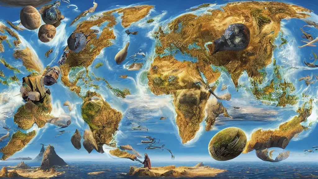 Image similar to surreal world map in the styles of igor morski, jim warren, and rob gonsalves, intricate, robinson projection, accurate geography, volumetric lighting, serene, imaginative