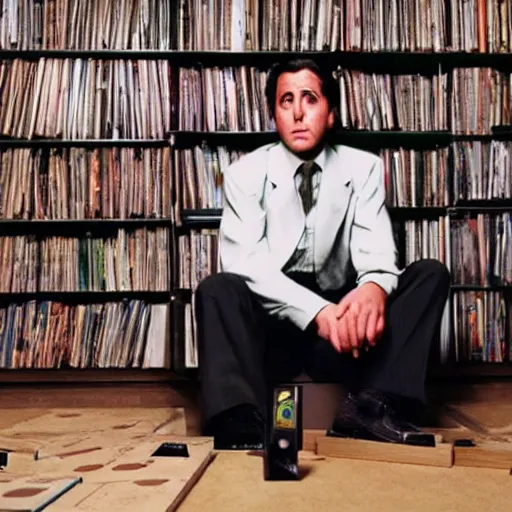 Prompt: michael corleone, dejected, sitting on a pile of xbox consoles, in front of a shelf of video game cd