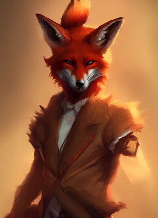 Image similar to a highly detailed illustration of attractive young red haired man with fox ears wearing brown suit, dramatic pose, intricate, elegant, highly detailed, centered, digital painting, artstation, concept art, smooth, sharp focus, league of legends concept art, wlop