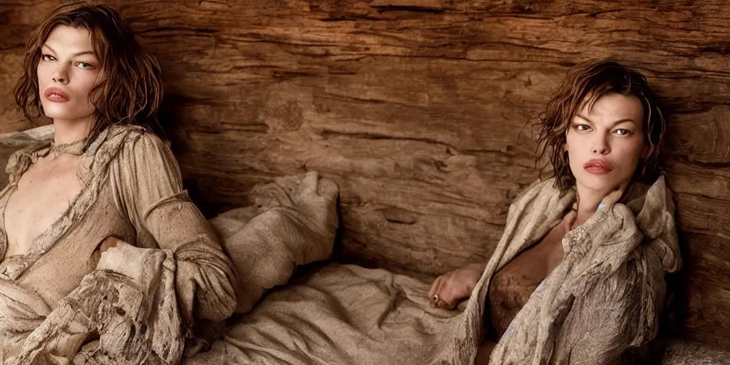 Prompt: portrait of (beautiful) female Mila Jovovich (((alone))) in an old west cabin