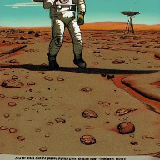 Image similar to astronaut walking on Mars with a rover in the background, Vintage Magazine Illustration