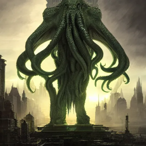 Prompt: cthulhu towering over a city, volumetric lighting, 8 k octane beautifully detailed render, post - processing, extremely hyper - detailed, intricate, epic composition, cinematic lighting, masterpiece, trending on artstation, detailed detailed detailed, masterpiece, stunning art by anders zorn, wonderful masterpiece by greg rutkowski, beautiful cinematic light,