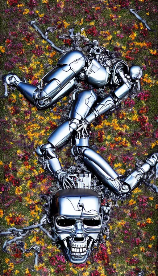 Image similar to destroyed terminator lying in a field of flowers, twisted metal, chrome, reflections, earth, terrible, anthropomorphic, photorealism, smoke, metal, 8 k, surreal, wires, smooth, sharp focus, top view, extremely detailed, ultra - realism, elegant, establishing shot, epic, by jeff koons, artgerm and greg rutkowski