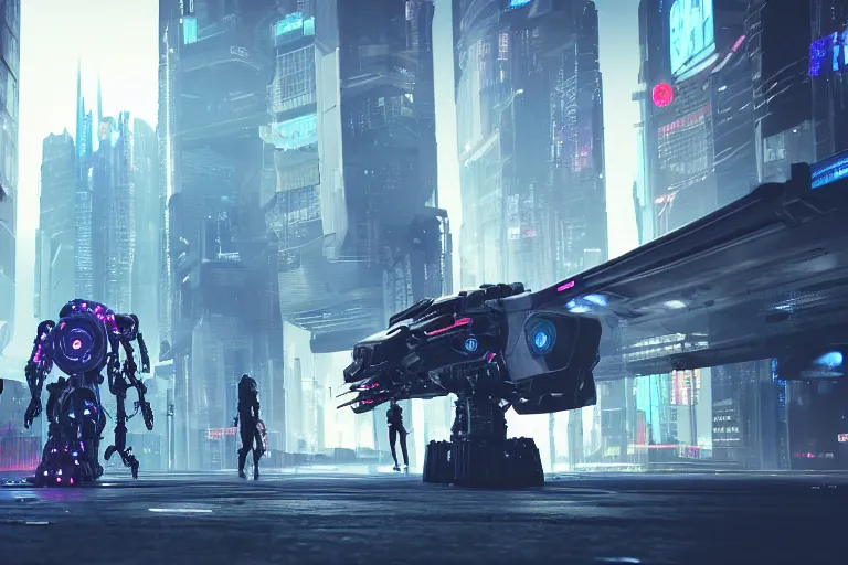 Prompt: professional photo of a cyberpunk mech on the busy streets of a dystopian futuristic city with pedestrians, 4k, octane render, Unreal Engine
