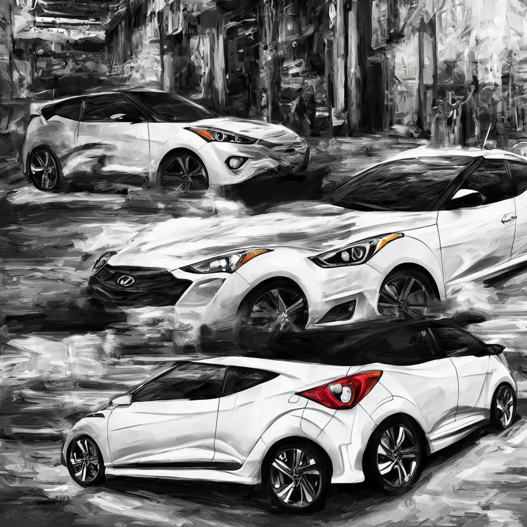 Image similar to white hyundai veloster n parked outside 7 / 1 1, hard parked stance, digital art, super aesthetic, art station, cartoon novel style