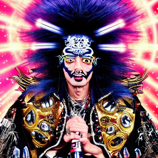 Prompt: uhd photorealistic detailed image of max voltage, the rock and roll emperor, dressed as a hair metal emperor, powering up, wearing extremely intricate rock and roll emperor costume and emperor makeup, with an emperor's electric guitar, by ayami kojima, amano, and karol bak