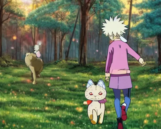 Image similar to Deidoro sakaki from mha wearing preppy fashion style and a crown in a beautiful dewy meadow near a forest early in the morning, running away from a giant cute plushie cat, mid 20th century disney style