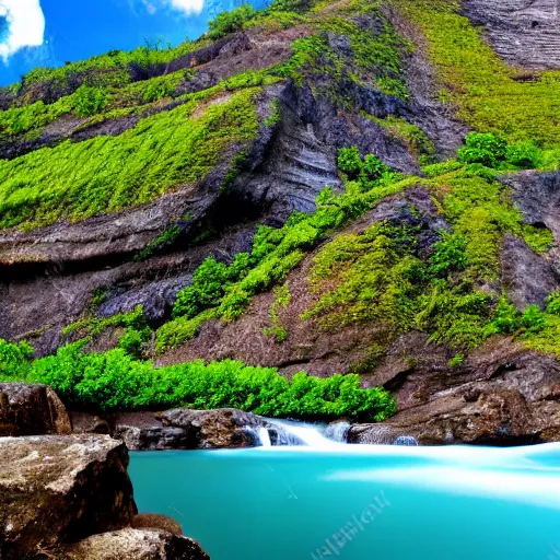 Image similar to great sloping mountain, one has a waterfall in the style of MidJourney 4K details