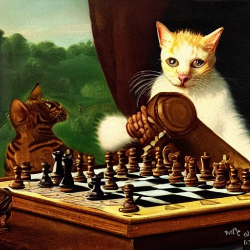 Image similar to cat playing chess looking wise, rococo oil painting