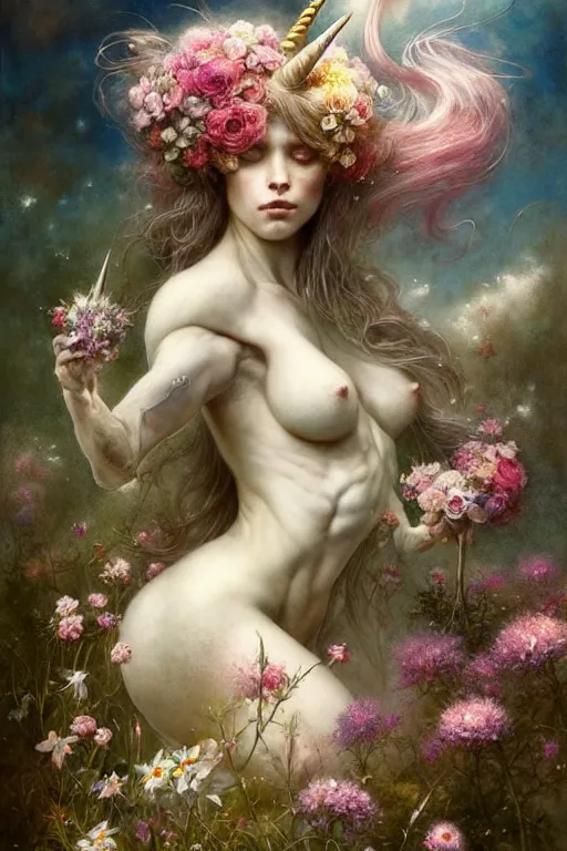 Prompt: a unicorn surrounded by beutiful flowers | esoteric symbolism | jean - baptiste monge, esao andrews, bastien lecouffe - deharme, tim jacobus, ken currie | ultra - detailed realism, soft cinematic lighting, hi - fructose, artstation, high - quality, ink watercolors wes anderson poster art