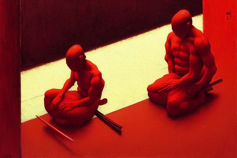 Image similar to only with red, a red samurai do seppuku, tokio, a lot of frogs watch, in the style of beksinski, parts by edward hopper, parts by rodcenko, parts by yue minjun, intricate and epic composition, red by caravaggio, insanely quality, highly detailed, masterpiece, red light, artstation, 4 k