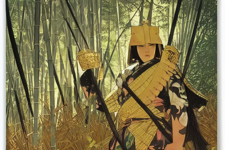 Prompt: close up of samurai in full armor, in a mysterious and bamboo forest, golden hour, by fiona staples, range murata, alphonse mucha