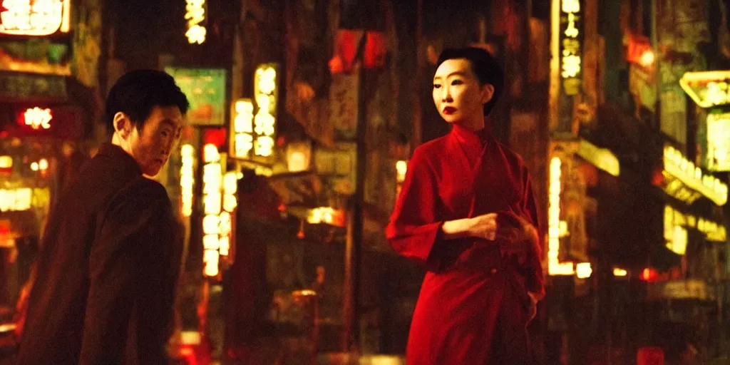 Image similar to style of wong kar - wai and in the mood for love, background blur, a killer back to the camera, nighttime, cinematic, movie scene, high details, vivid