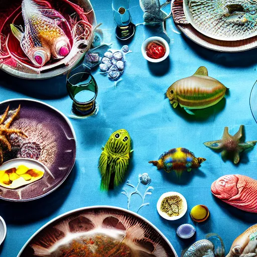 Prompt: unknown slimy and aquatic animals, highly detailed render, displayed on a dinner plate, cut to piece, 8K HD, food photography