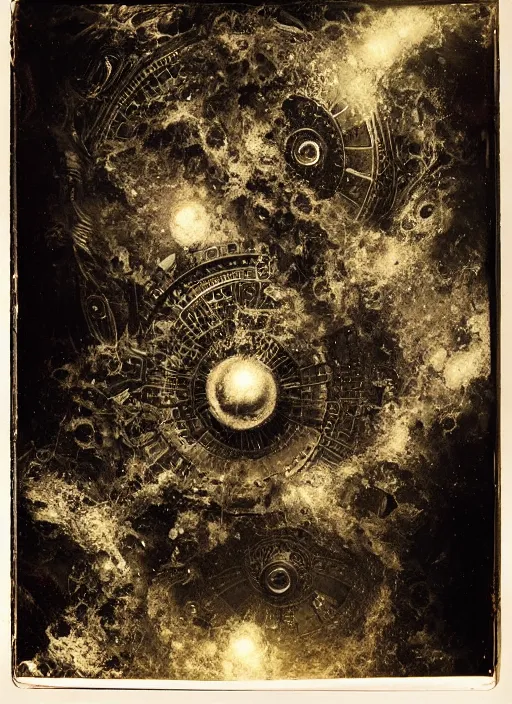 Image similar to old wetplate daguerreotype portrait of the imploding universe, explosion of data fragments, fractal, intricate, elegant, highly detailed, parallax, leica, medium format, subsurface scattering, by jheronimus bosch and greg rutkowski and louis jacques mande daguerre