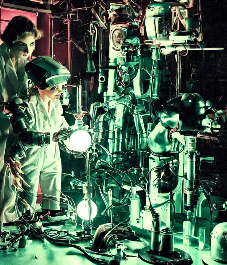 Image similar to a female mad scientist building a humanoid robot, in a darkly lit laboratory room, 1 9 5 0 s horror movie poster style, norman rockwell painting, close - up shot, retro science fiction, vintage, saturated pink and green lighting, shadowy lighting, cohesive