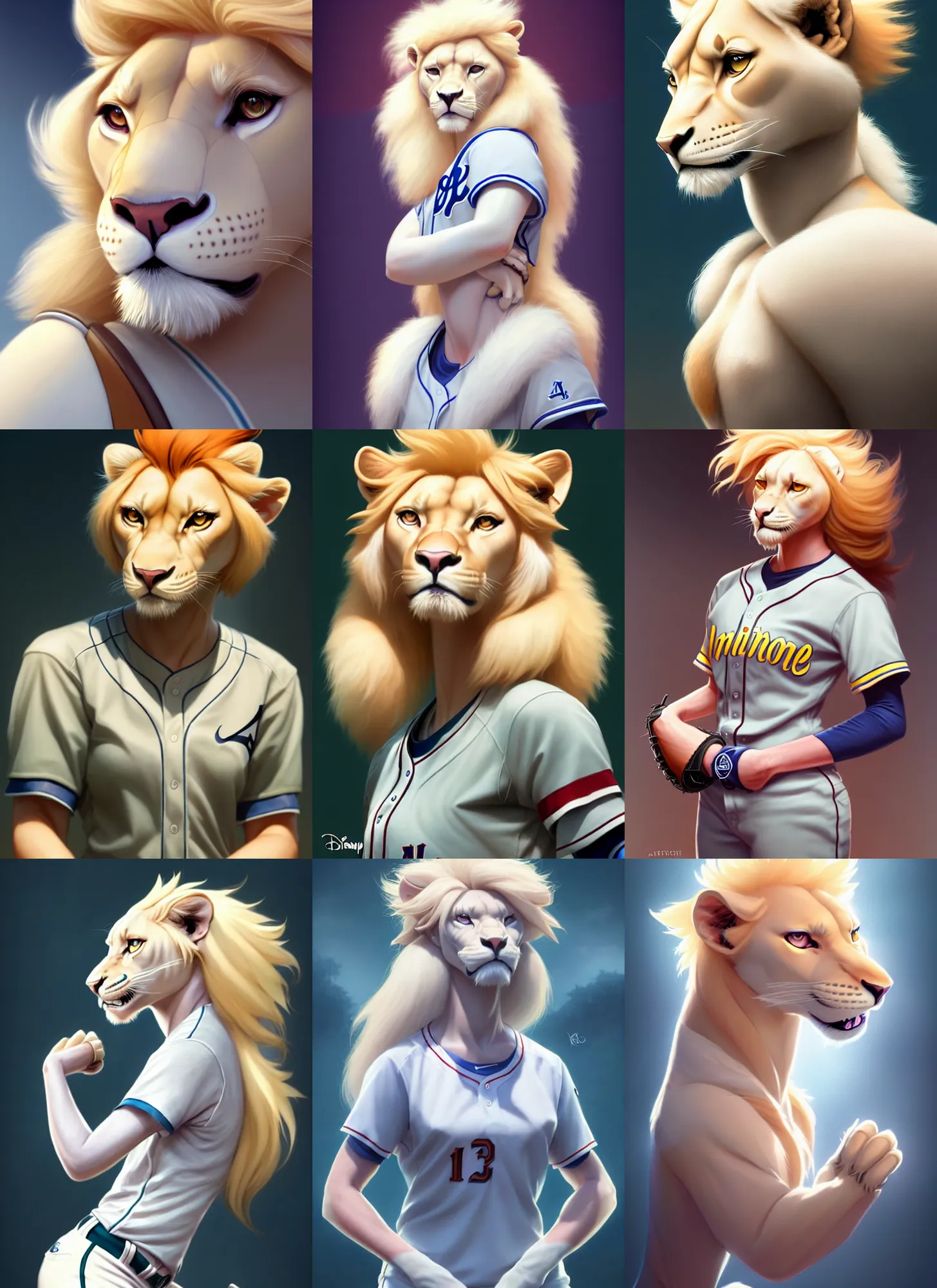 Image similar to beautiful portrait of a female anthropomorphic albino lioness fursona baseball player. character design by disney, charlie bowater, ross tran, artgerm, and makoto shinkai, detailed, soft lighting, rendered in octane