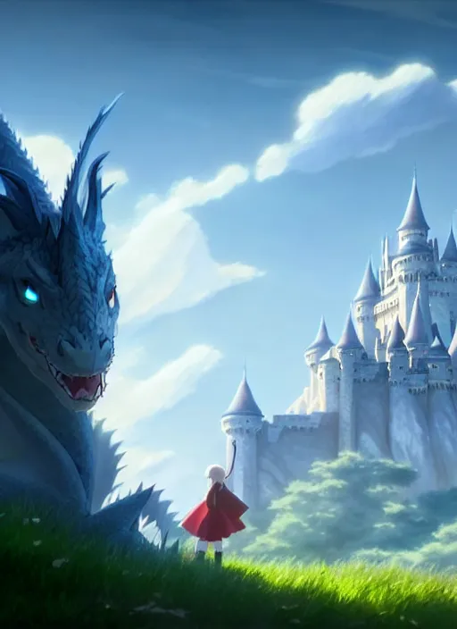 Prompt: a wholesome animation key shot of a white dragon, castle in the background, studio ghibli, pixar and disney animation, sharp, rendered in unreal engine 5, anime key art by greg rutkowski, bloom, dramatic lighting