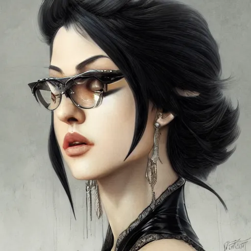 Image similar to a portrait a young asia argento as bayonetta, urban motifs, intricate, elegant, highly detailed, digital painting, trending on artstation, concept art, smooth sharp focus, illustration, art by artgerm and greg rutkowski