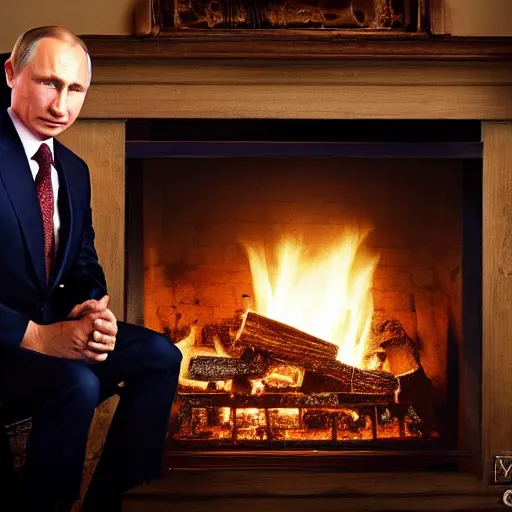 Prompt: vladimir putin in a waistcoat staring at a log fire jelious girlfriend, 1 5 0 mm lighting effect