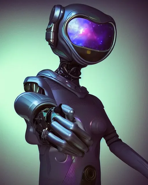 Prompt: close offset portrait with subject in bottom right corner looking at viewer. giving a thumbsup!!!!! to the camera. smartphone photo. instagram. interdimensional cosmic traveler takes a selfie in front of a bizarre exotic anomaly. futuristic alien smooth exosuit designed by. octane cg render, hdr, volumetric. artgerm, beeple.