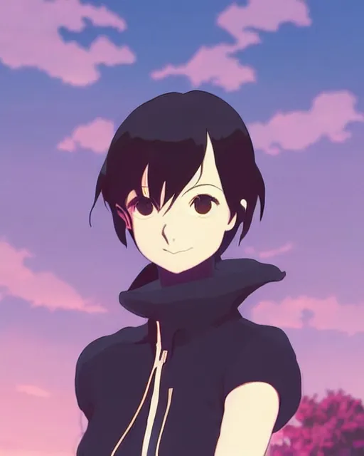 Image similar to style of makoto shinkai : : gorgeous willa holland : : evil witch, swirling black magic : : symmetrical face, symmetrical eyes : : full body pose : : gorgeous black hair : : magic lighting, low spacial lighting : :