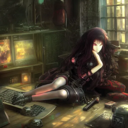 Image similar to goth woman playing videogames, tankoban, 4 k, tone mapping, akihiko yoshida, james jean andrei riabovitchev marc simonetti, yoshitaka amano, long hair, curly, h. hydrochaeri