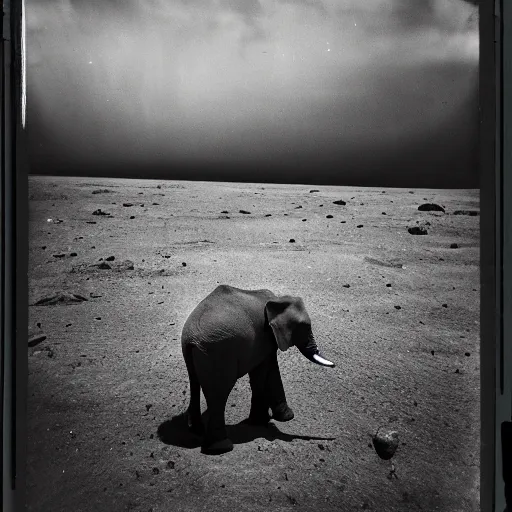 Image similar to extremely detailed black and white polaroid picture by john l. gaunt of a baby elephant standing on the moon's surface. the sky is ominous and filled with crashing meteorites. very grainy picture. dramatic lighting.