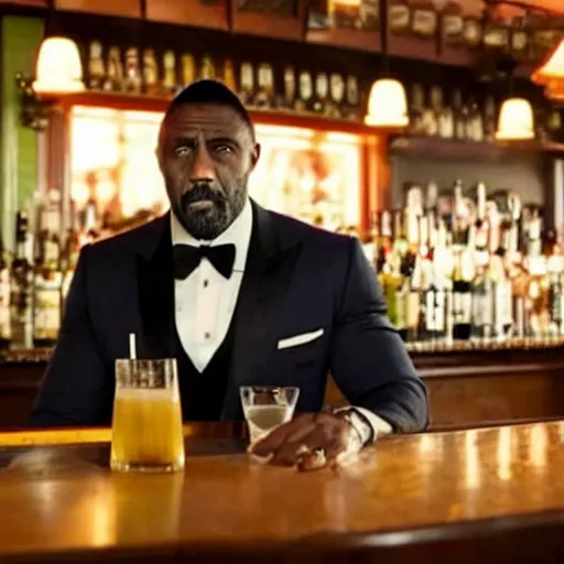 Image similar to film still of Idris Elba at a bar drinking a martini as James Bond