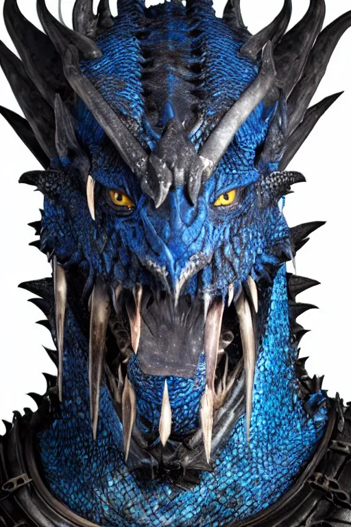 Prompt: a dark blue dragonborn with large tusks, half of his face flaming with blue flame, he wears a black dragon scales armor, studio shot