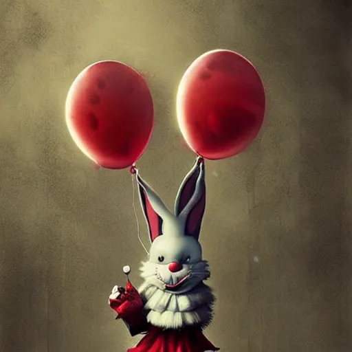 Prompt: grunge cartoon painting of a cartoon bunny and a red balloon by - michal karcz, loony toons style, pennywise style, horror theme, detailed, elegant, intricate