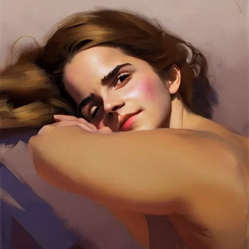 Image similar to Greg Manchess portrait painting of emma watson laying down, medium shot, asymmetrical Organic Painting, sunny day, Matte Painting, bold shapes, hard edges, street art, trending on artstation, by Huang Guangjian and Gil Elvgren and Sachin Teng