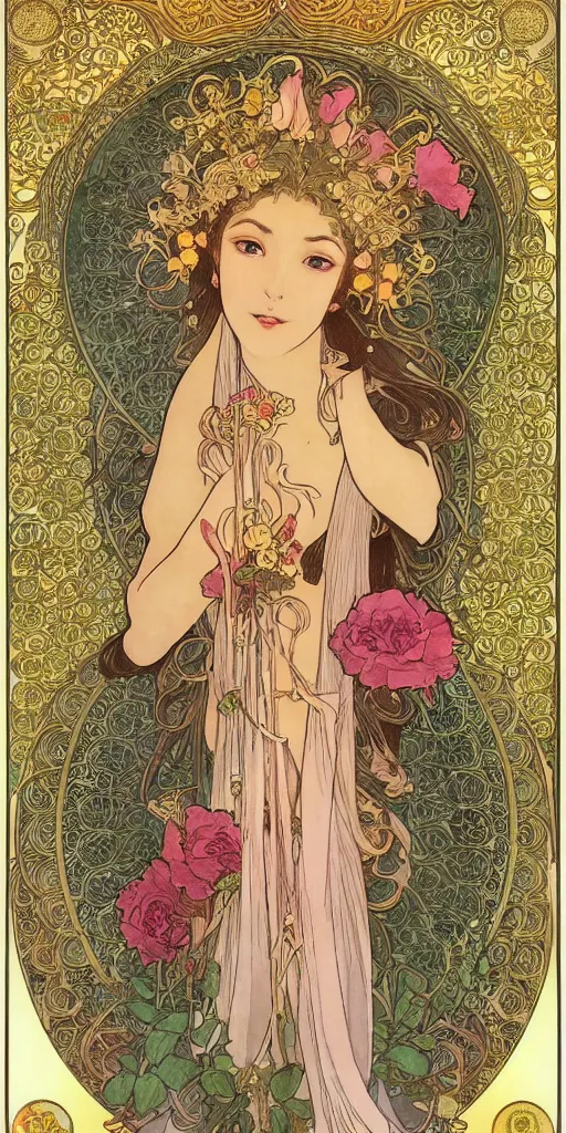 Image similar to Ethereal elven goddess of roses and gold. She is from Southern Asia. Manga artbook illustration by CLAMP and Alphonse Mucha.