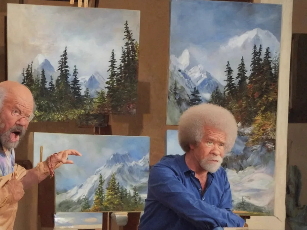 Image similar to bob ross is sad and yelling at a painting by bob ross