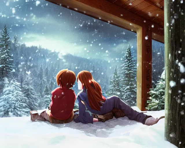 Image similar to a boy and a girl with long flowing auburn hair sitting together on the porch of a cabin on a mountain overlooking a snowy forest. Atmospheric lighting, long shot, romantic, boy and girl are the focus, cold lighting, snowy. Anime. By Makoto Shinkai, Stanley Artgerm Lau, WLOP, Rossdraws, James Jean, Andrei Riabovitchev, Marc Simonetti, krenz cushart, Sakimichan, D&D trending on ArtStation, digital art.