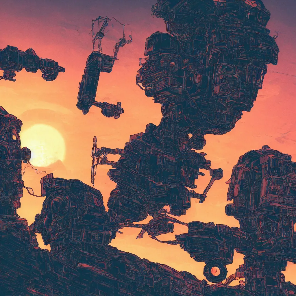 Prompt: in the style of max prentis and deathburger and laurie greasley a close up of a young explorer wearing a cyberpunk headpiece sitting on the head of a giant robot watching the sunset in the distance, highly detailed, 8 k wallpaper