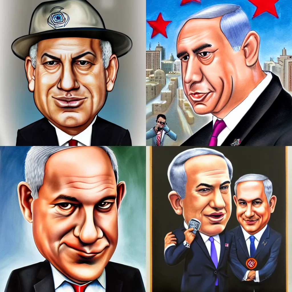 Prompt: an airbrushed caricature portrait of netanyahu holding a cuban cugar