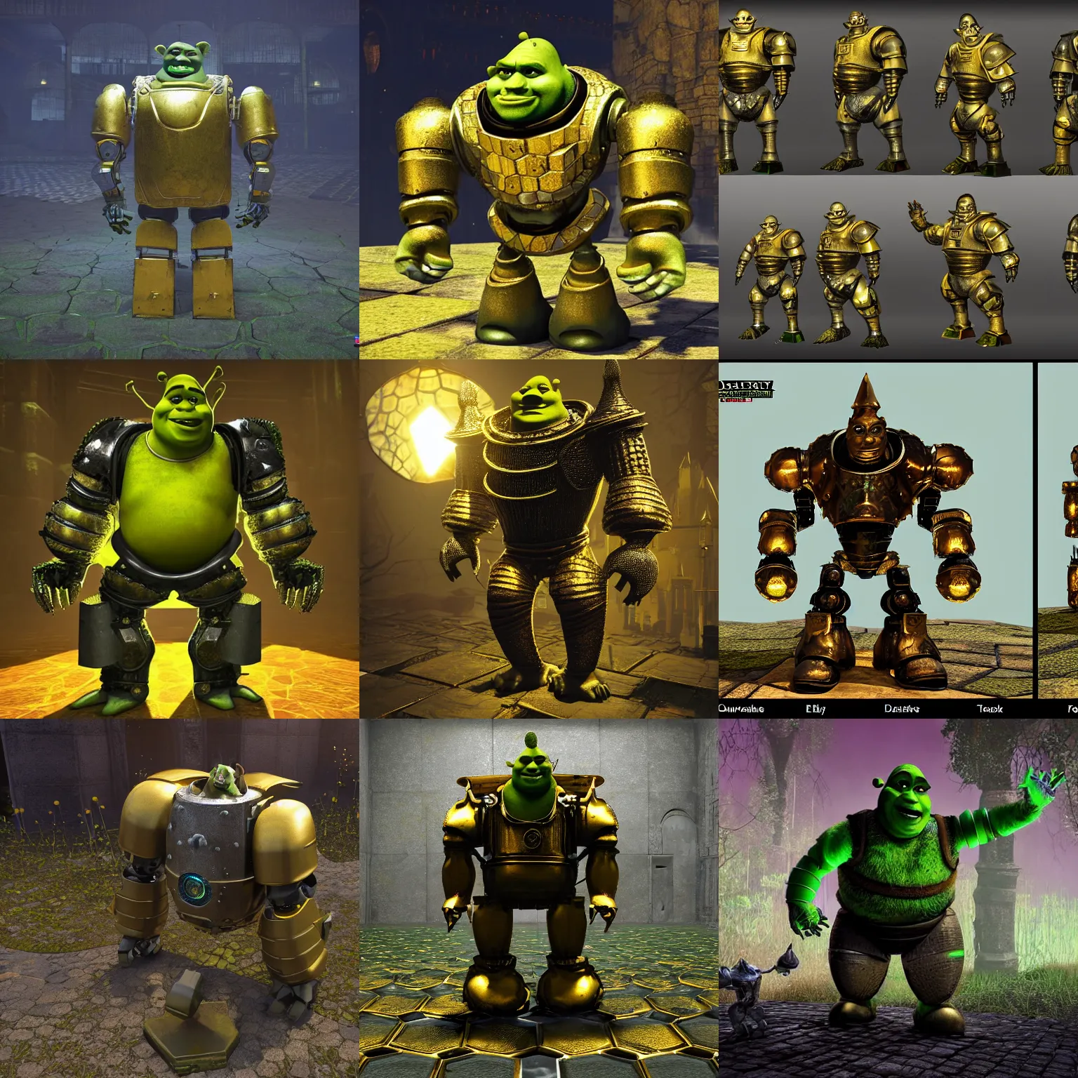 Prompt: a Shrek-like robot entity, gold hex tile armor plates, solarpunk,decay,darksouls,epic lighting