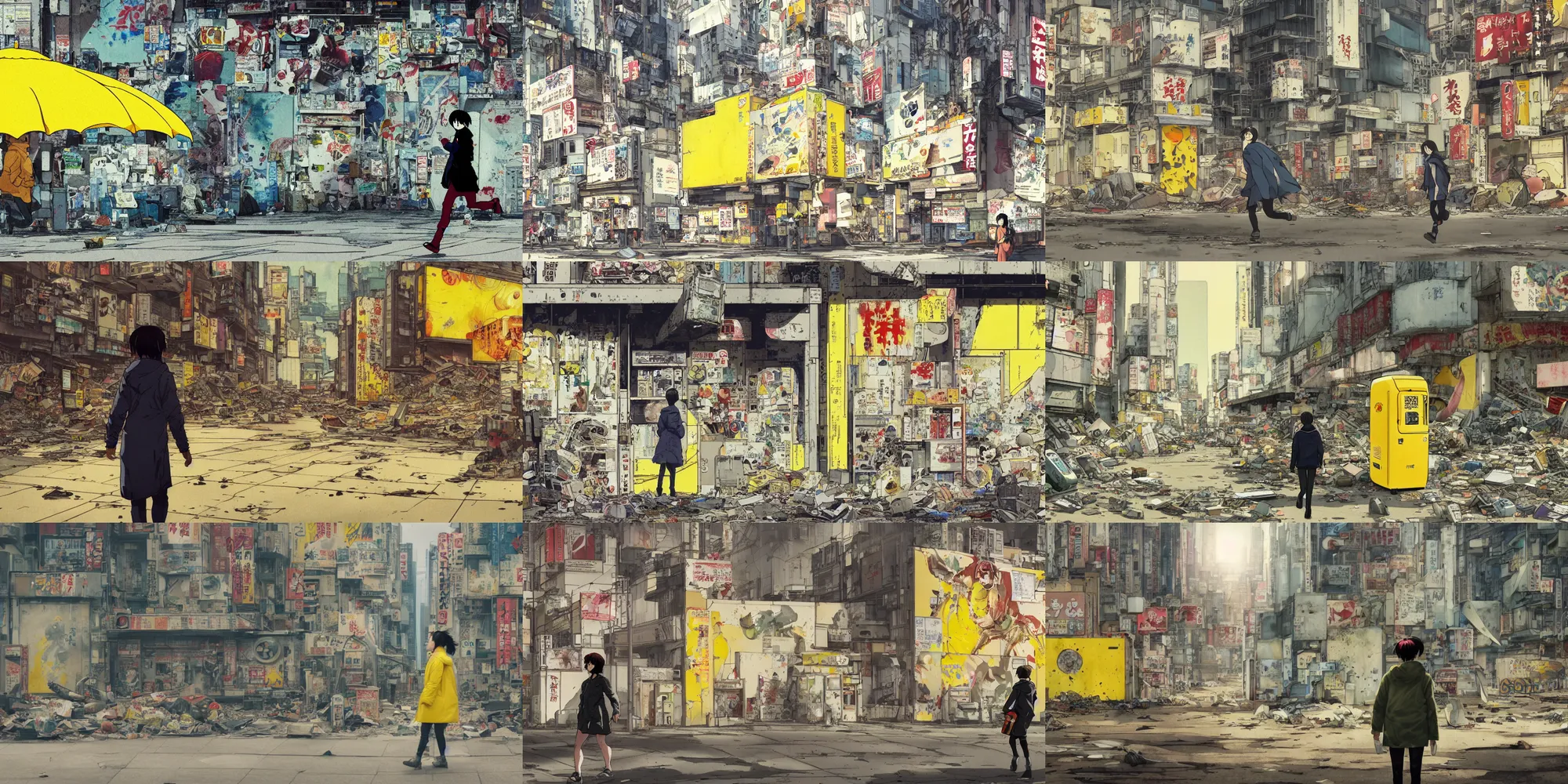 Prompt: incredible wide screenshot, ultrawide, simple watercolor, paper texture, katsuhiro otomo ghost in the shell movie scene, backlit distant shot of girl in a parka running from a giant robot invasion side view, yellow parasol in deserted dusty shinjuku junk town, broken vending machines, concrete wall, bold graffiti, old pawn shop, bright sun bleached ground, mud, fog, dust, windy, scary chameleon face muscle robot monster lurks in the background, ghost mask, teeth, animatronic, black smoke, pale beige sky, junk tv, texture, shell, brown mud, dust, tangled overhead wires, telephone pole, dusty, dry, pencil marks, genius party,shinjuku, koju morimoto, katsuya terada, masamune shirow, tatsuyuki tanaka hd, 4k, remaster, dynamic camera angle, deep 3 point perspective, fish eye, dynamic scene