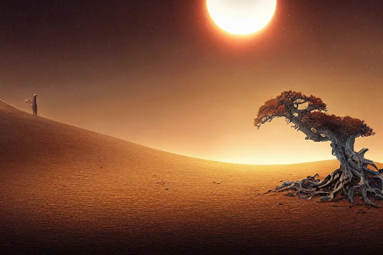 Image similar to cinematic fantasy landscape painting, an eclipse, over an autumn maple bonsai growing alone on a desolate sand dune in front of a primordial mountainous desert landscape of bones by hr giger and jessica rossier