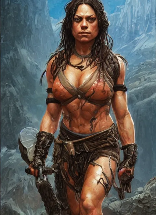 Image similar to exhausted Mila Kunis as a very muscled rugged looking Amazon, dirty, sweating, intricate, elegant, highly detailed, artstation, concept art, sharp focus, art by artgerm and donato giancola and Joseph Christian Leyendecker, WLOP