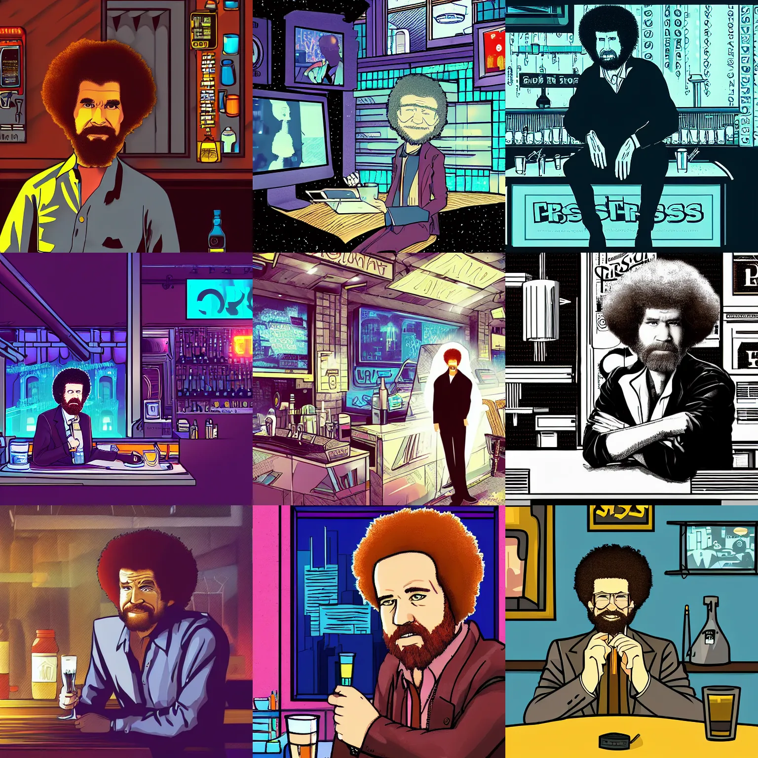 Prompt: a digital illustration of bob ross as a detective sitting in a cyberpunk bar.