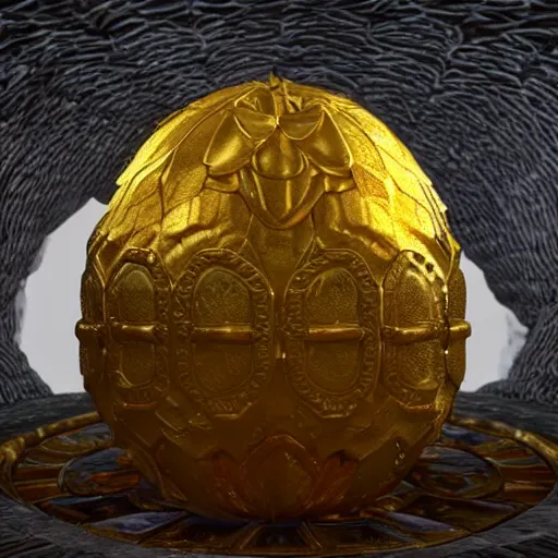 Image similar to a hyperdetailed dragon scale egg in a nest of gold, photorealistic, symmetrical, unreal engine