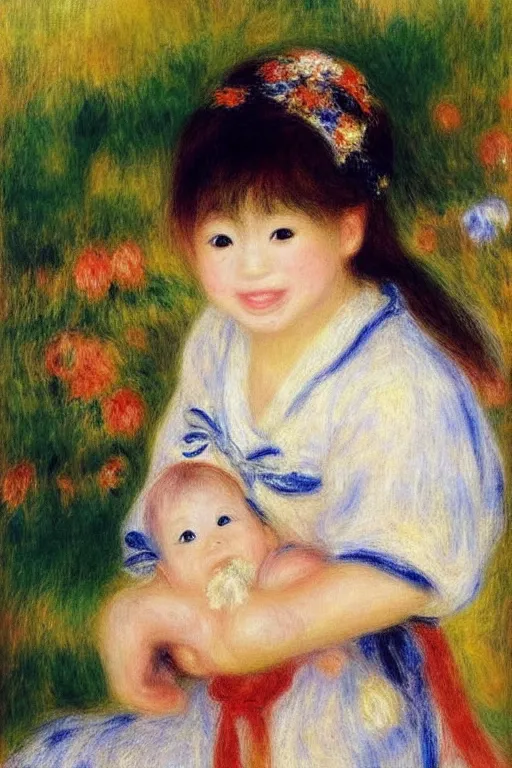 Image similar to a portrait of one Japanese cute baby girl smiling, under the sun, summer, happy, elegant, fantasy, art by Pierre-Auguste Renoir