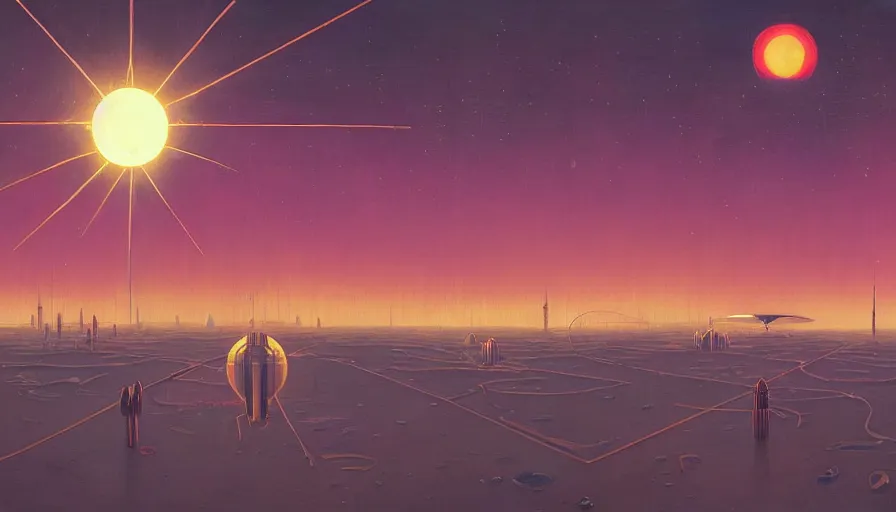 Image similar to solar sail floating in front of the sun in space, simon stalenhag, art deco painting