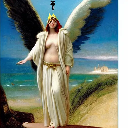 Image similar to An angel with jester hat and clothes on the front of a Balustrade with a beach on the background, major arcana cards, by paul delaroche, hyperrealistic