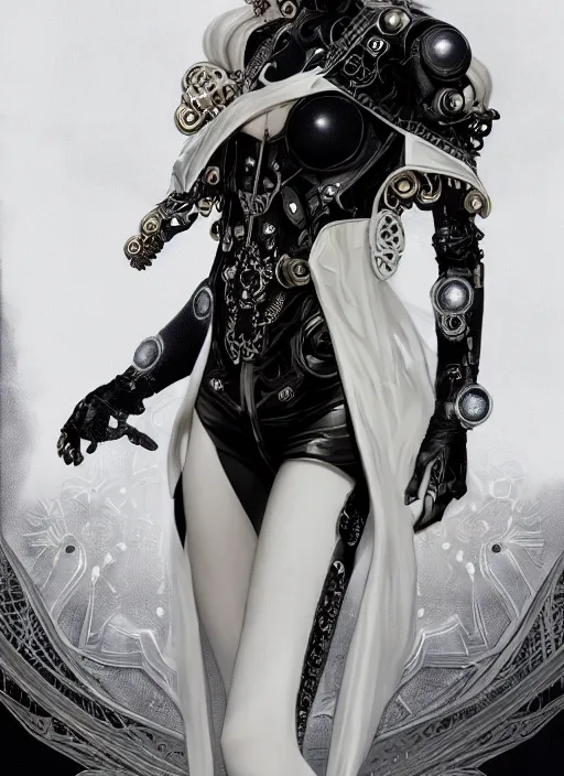 Image similar to a cyborg with mask, black leather garment with art nouveau ivory accessories, white intricate lace and jewels, ominous, ethereal, misty, diffused lighting, cyberpunk, darksynth, luxury, concept art by zeen chin, extremely detailed, artstation, alphonse mucha, ruan jia, 8 k, unreal engine 5