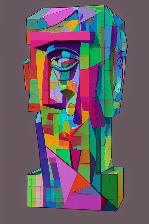 Image similar to cubist moai statue cutout digital illustration cartoon colorful beeple